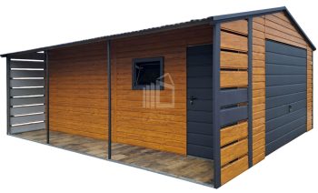 Plechova garáž 4x5 m + přístřešek 1x5 m – výklopná vrata – dveře – okno – světlý ořech – imitace dřeva – antracit – střecha sedlová TS1071
