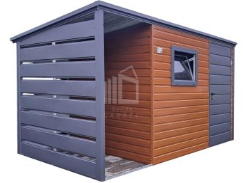 Zahradní domek 2,5x2m + přístřešek 0,5m – dveře – okno výklopné PVC – zlatý dub – Imitace dřeva – střecha spád dozadu TS1079