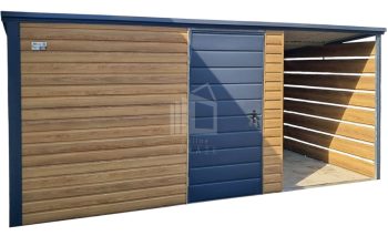 Zahradní domek 3x2m + přístřešek 1,5m – dveře – světlý ořech – Imitace dřeva – střecha spád dozadu TS1084