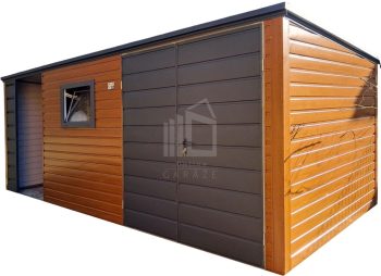 Zahradní domek 4,5x2m + přístřešek 2m – Dvoukřídlá vrata – okno – světlý ořech – Imitace dřeva – střecha spád dozadu TS1085