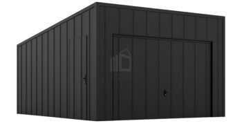 Plechova garáž 3,5x5m - výklopná vrata - dveře - falcovaný plech - střecha spád dozadu ID1002