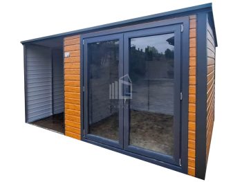 Zahradní domek 2,5x2,5m - přístřešek 1,5m - dveře PVC - světlý ořech - imitace dřeva - střecha spád dozadu TS1099