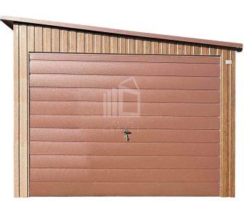 Plechova garáž 3,5x8m - výklopná vrata - dveře - 2x okno - tmavý ořech - imitace dřeva - střecha bočni spád - okapy ID1029