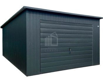 Plechova garáž 4x5m - výklopná vrata - okno - antracit - střecha spád dozadu - okapy ID1030