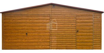 Plechova garáž 6,2x6m - výklopná vrata - dveře - světlý ořech - imitace dřeva - okapy - střecha sedlová ID1036