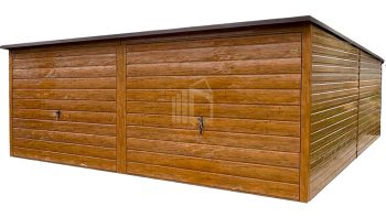 Plechova garáž 6x6m - 2x výklopná vrata - světlý ořech - imitace dřeva - okapy - střecha spád dozadu ID1037