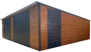 Plechova garáž 8,5x6m - 2x výklopná vrata - dveře - okno - světlý ořech - imitace dřeva - antracit - střecha sedlová ID1039