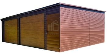 Plechova garáž 8x6m - 2x sekční vrata - dveře - tmavě hnědá - zlatý dub - imitace dřeva - střecha Spád vpředu - okapy ID1040