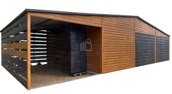 Plechova garáž 10,5x6m - přístřešek 4,5m - 2x výklopná vrata - dveře - světlý ořech - norská borovice - světlý ořech - imitace dřeva - střecha sedlová ID1041