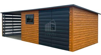 Zahradní domek 3,8x2,5m + přístřešek 3m - dveře - okno - světlý ořech - imitace dřeva - černá - střecha spád dozadu ID1050