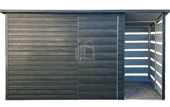Zahradní domek 3x2 m + přístřešek 1 m – dveře – norská borovice – imitace dřeva – střecha spád dozadu ID1054