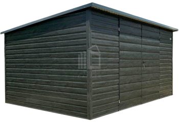 Zahradní domek 4x3 m – Dvoukřídlá vrata – okno – norská borovice – imitace dřeva – střecha spád dozadu – okapy  ID1056