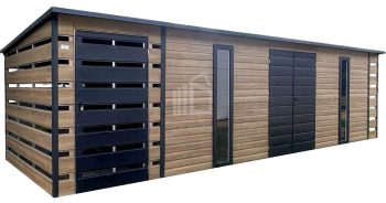 Zahradní domek 6x2,5 m – přístřešek 0,5 m – přístřešek 1,2 m – dveře – 2x okno – dvoukřídlá vrata – winchester – imitace dřeva – střecha spád dozadu ID1057