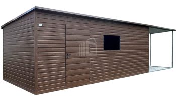 Zahradní domek 6x3 m – přístřešek 3 m – dveře – otvor na okno – tmavý ořech – imitace dřeva – bočni spád ID1058