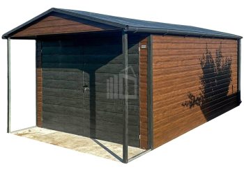 Zahradní domek 3,5×4 m – přístřešek 0,5 m – dvoukřídlá vrata – okno – tmavý ořech – norská borovice – imitace dřeva – střecha sedlová – okapyID1059