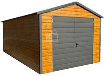Plechová garáž 4x6m – dvoukřídlá vrata – světlý ořech – imitace dřeva – antracit – střecha sedlová ID1063