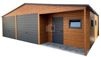 Garáž plechová 9,5x6 m – výklenek – 2x výklopná vrata – dveře – 3x okno – světlý ořech – antracit – imitace dřeva – okapy – sedlová střecha ID1067