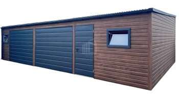 Plechová garáž 10×3 m – 2× vrata – dveře – 2× okno – tmavý ořech – imitace dřeva – antracit – okap – střecha se spádem vpředu ID1068