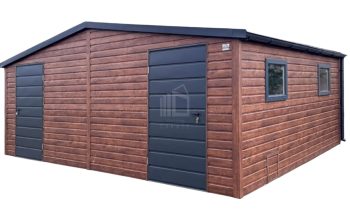 Zahradní domek 6×4 m – 2× dveře – 4× okno – okapy – tmavý ořech – imitace dřeva – antracit – sedlová střecha ID1069
