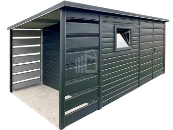 Zahradní domek 3,5×2 m – přístřešek 1 m – dvoukřídlá vrata – okno – antracit – spád střechy dozadu ID1071