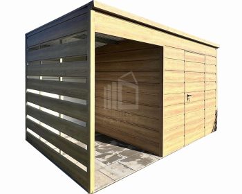 Zahradní domek + přístřešek 1,5 m – dveře – winchester – imitace dřeva – střecha spád dozadu ID1079