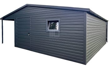 Zahradní domek 4,5×5 m + přístřešek 1,5 m – dveře – okno – antracyt – okapy – střecha sedlová – imitace střešní tašky ID1082