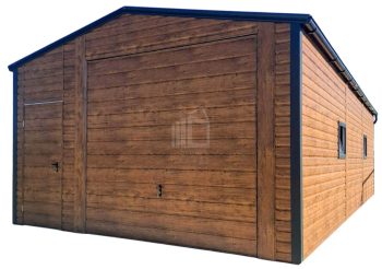 Plechová garáž 5×6 m – výklopná vrata – dveře – 2× okno – světlý ořech – imitace dřeva – okapy – sedlová střecha  ID1100