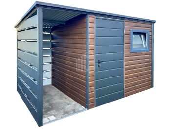 Zahradní domek 2,5×2 m – přístřešek 1 m – dveře – okno – tmavý ořech – imitace dřeva – střecha spád dozaduID1103