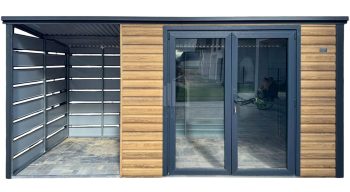 Zahradní domek 3,5×2 m – přístřešek 2 m – PVC dveře – winchester – imitace dřeva – střecha spád dozadu ID1104