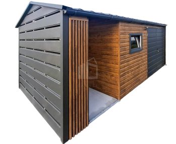 Zahradní domek 4×2,5 m – přístřešek 2 m – vrata – okno – světlý ořech – imitace dřeva – lamelový dekor – okap – obrácená sedlová střecha – plechová střešní taška  ID1106