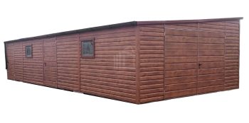 Plechová garáž 5x11, dvoukřídlá vrata, 2x dveře, 2x okno, tmavý ořech- střecha bočni spád TS543