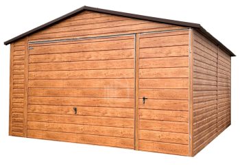 Plechová garáž 4,5x5, výklopná vrata + dveře, světlý ořech - imitace dřeva - sedlová střecha TS538