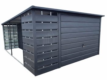 Plechová garáž 3x6 + přístřešek - vrata - antracit - střecha spád dozadu  TS537
