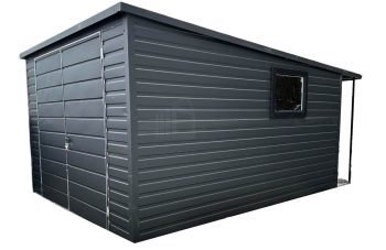 Plechová garáž 3x5 + přístřešek 0,5x3, dvoukřídlá vrata - okno - okapy - antracit, střecha spád dozadu  TS526