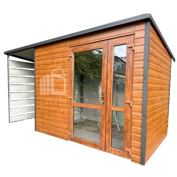 Zahradní domek 2,5m x 2m + přístřešek 1,3m, spád dozadu, světlý ořech TS511 2,5x42