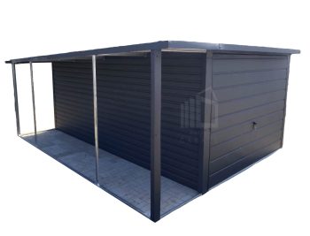 Plechová garáž 3m x 5m + přístřešek 1m - spád dozadu - výklopná vrata - antracit grafit TS489 3x5