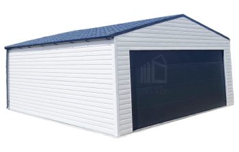 Plechová garáž 6m x 6m, sedlová střecha -  segmetová vrata - automatické ovládání - dveře - okapy- bílá + antracit TS484 6x6