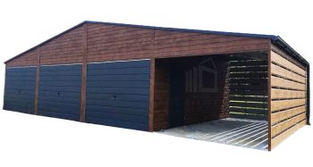 Plechová garáž 9m x 5m + přístřešek 3m - 2x dveře - 3x výklopná vrata -okapy - tmavý ořechTS483  9x5