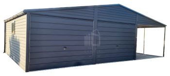 Plechová garáž 6m x 6m + přístřešek 3m - sedlová střecha - 2x vrata + 2x okno + dveře - okapy - imitace střešní tašky antracit TS383 6x6