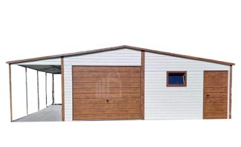 Plechová garáž 6m x 6m + přístřešek 2,5m x 6m - sedlová střecha + 3x okno  + dveře -bílá +  světlý ořech TS382