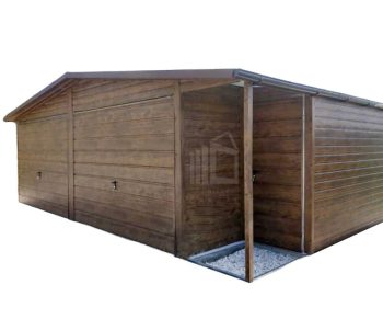 Plechová garáž 7m x 7m +  výklenek, sedlová střecha  - 2x vrata + dveře  - okapy - tmavý ořech, imitace dřeva  TS381 7x7