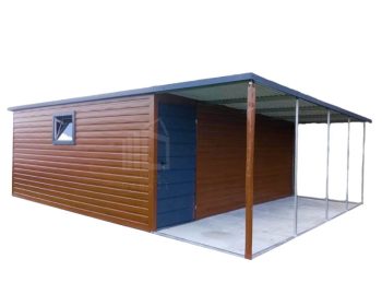 Plechová garáž 6m x 5m, bočni spád, přístřešek - dveře + okno PVC - imitace dřeva  TS378 6x5