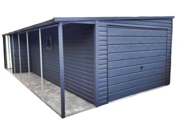 Plechová garáž 3,3m x 7m, bočni spád, výklopná vrata - přístřešek - dveře + okno PVC - okapy - antracit  TS376 3,5x7