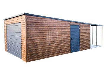 Plechová garáž 4m x 6m, spád dozadu, výklopná vrata - přístřešek - dveře - imitace dřeva TS375 4x6