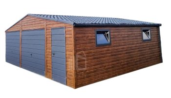 Plechová garáž 8m x 7m, sedlová střecha  - 2x vrata + dveře + 2x okno - okapy - tmavý ořech, imitace dřeva + antracit, imitace střešní tašky TS374 8x7