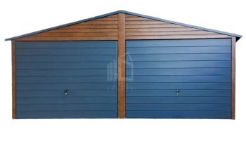 Plechová garáž 6m x 5,5m, sedlová střecha - 2x vrata + okno - imitace dřeva + antracit TS320 6X5,5