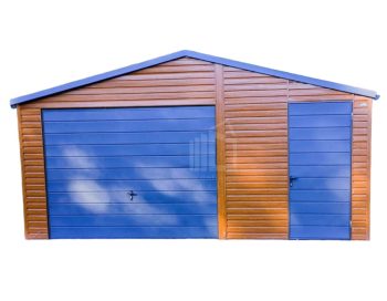 Plechová garáž 5m x 6m, sedlová střecha - vrata + dveře + okno - imitace střešní tašky - imitace dřeva + antracit TS318 5x6