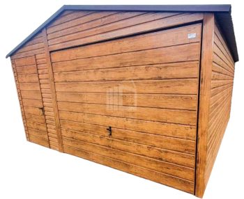 Plechová garáž 4,5m x 5m,  sedlová střecha, výklopná vrata + dveře - světlý ořech TS215  4,5x5