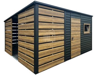 Zahradní domek 2,3x3m - přístřešek 1,5m - dveře - okno - antracit - winchester - Imitace dřeva - spád dozadu TS1198