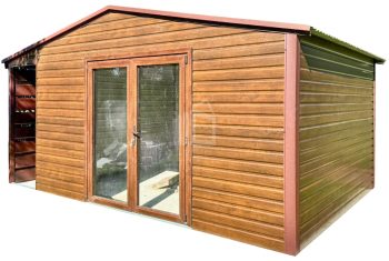 Zahradní domek 5,5x4m - přístřešek 0,5m - dveře PCV - světlý ořech - Imitace dřeva - střecha sedlová TS1205